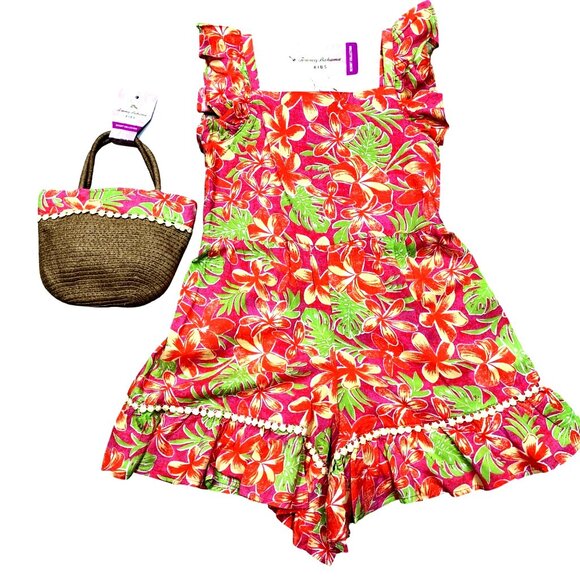 Tommy Bahama Girls‎ Floral Romper Dress & Straw Purse Set - Tropical Print 7 NWT - Picture 2 of 11